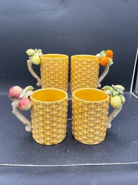 Set of 4 Creative Imports Japan Yellow Basket Weave Mugs Fruit Apple Orange READ